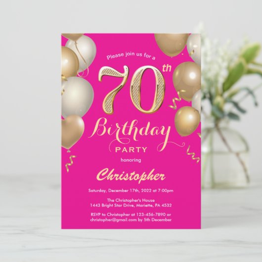 70e verjaardag Hot Pink en Gold Balloons Confetti Kaart (Staand voorkant)