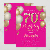 70e verjaardag Hot Pink en Gold Balloons Confetti Kaart (Voorkant / Achterkant)