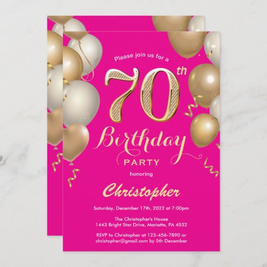 70e verjaardag Hot Pink en Gold Balloons Confetti Kaart (Voorkant / Achterkant)