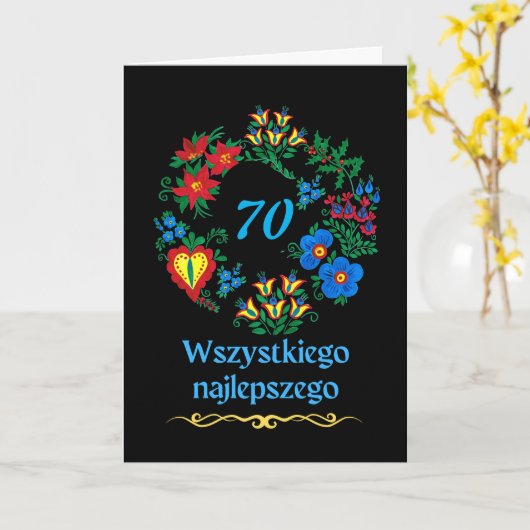 70e verjaardag in het Pools Wszystkiego najlepszeg Kaart (Gele Bloem)