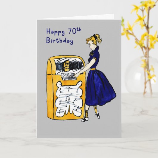70e verjaardag Kaart Retro Juke Box & Lady (Gele Bloem)