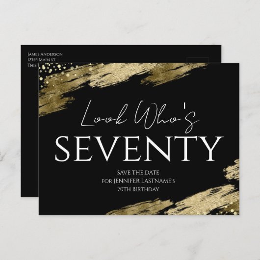 70e verjaardag Kijk wie Goud Zwart Save the Date Briefkaart (Voorkant / Achterkant)