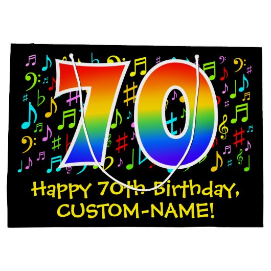 70e verjaardag - kleurrijke muzieksymbolen, Rainbo Groot Cadeauzakje (Achterkant)