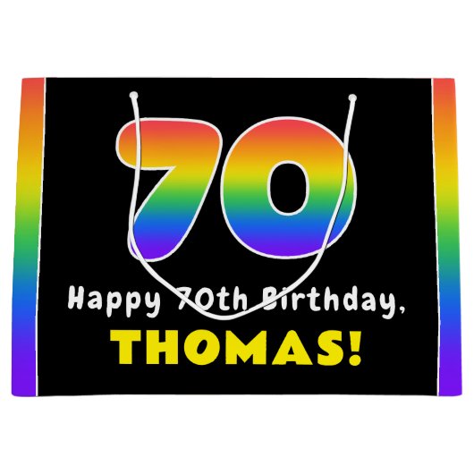 70e verjaardag: kleurrijke regenboog # 70, aangepa groot cadeauzakje (Voorkant)