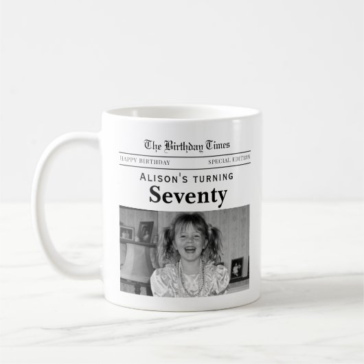 70e verjaardag krant koffiemok (Links)