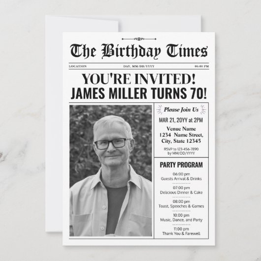 70e verjaardag krantenuitnodiging met programma (Voorkant)