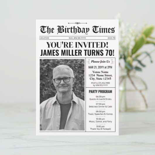 70e verjaardag krantenuitnodiging met programma (Staand voorkant)
