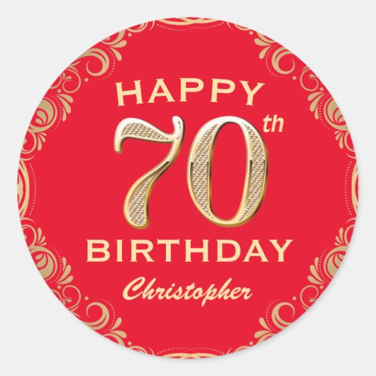 70e verjaardag Lijst van de Rode en de Gouden Glit Ronde Sticker (Voorkant)