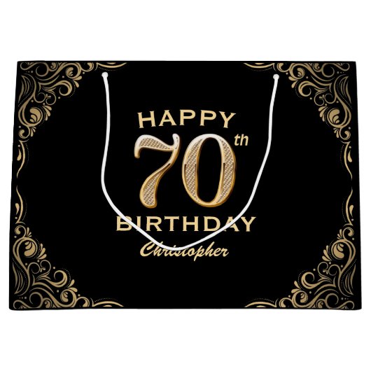 70e verjaardag Lijst voor zwarte en goudglitter Groot Cadeauzakje (Voorkant)