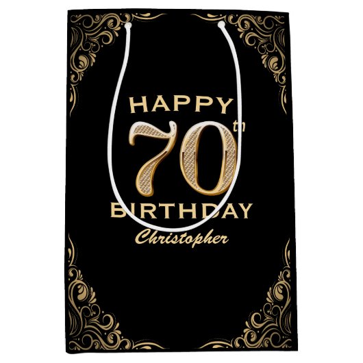 70e verjaardag Lijst voor zwarte en goudglitter Medium Cadeauzakje (Voorkant)