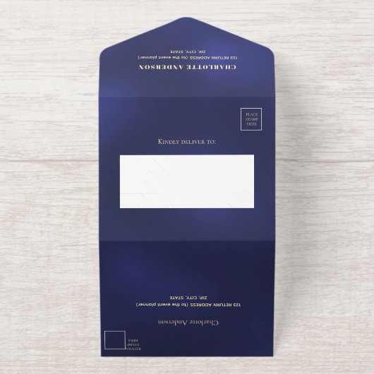 70e verjaardag marine blauw goud rsvp all in one uitnodiging (Buiten)