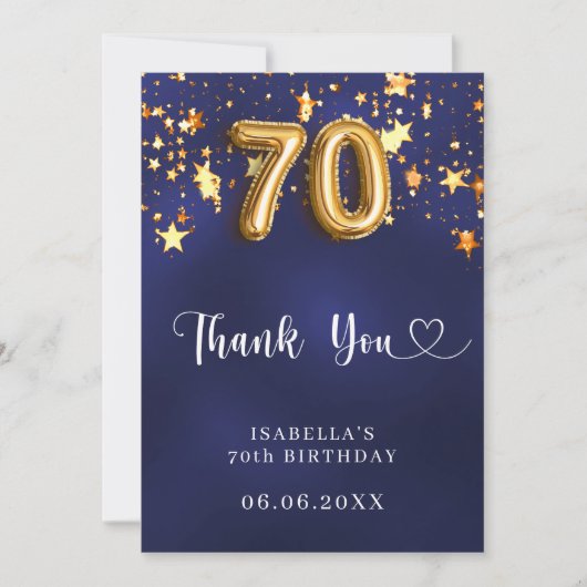 70e verjaardag Marine Blauw Goud Sterren Bedankkaart (Voorkant)