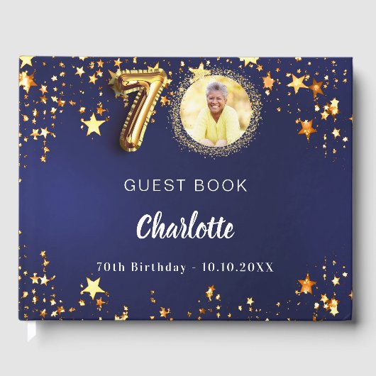 70e Verjaardag marine blauw goud sterren foto Gastenboek (Voorkant)