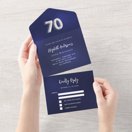 70e Verjaardag marine blauw zilver rsvp All In One Uitnodiging (Afscheurbaar)