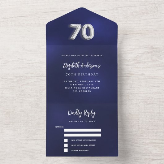 70e Verjaardag marine blauw zilver rsvp All In One Uitnodiging (Binnen)
