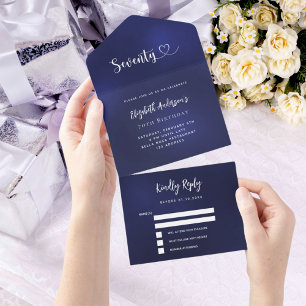 70e Verjaardag marine blauw zilver rsvp All In One Uitnodiging