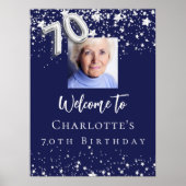 70e verjaardag marine blauw zilveren sterren foto poster (Voorkant)