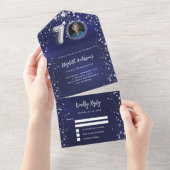 70e Verjaardag marine blauwe foto zilveren sterren All In One Uitnodiging (Afscheurbaar)