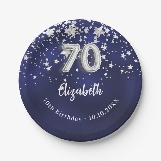 70e verjaardag marine blauwe zilveren sterren papieren bordje (Voorkant)