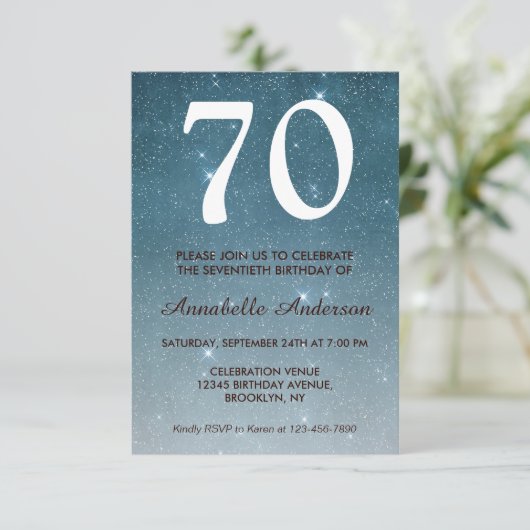 70e verjaardag marine Blue Midnight Sky Stars Glit Kaart (Staand voorkant)