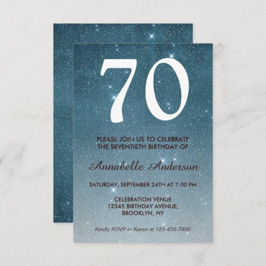70e verjaardag marine Blue Midnight Sky Stars Glit Kaart (Voorkant / Achterkant)