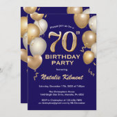 70e verjaardag marineblauw en goudballonnen kaart (Voorkant / Achterkant)