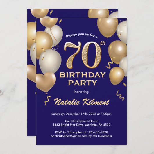 70e verjaardag marineblauw en goudballonnen kaart (Voorkant / Achterkant)