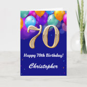 70e verjaardag marineblauw en goudkleurige ballonn kaart (Voorkant)