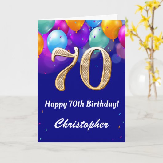 70e verjaardag marineblauw en goudkleurige ballonn kaart (Gele Bloem)