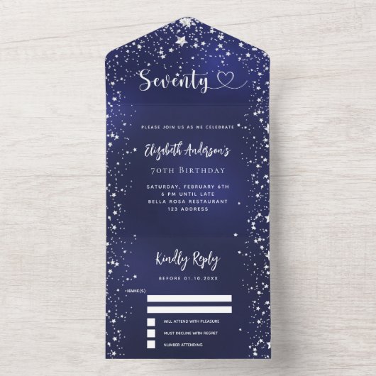 70e Verjaardag marineblauw zilveren sterren rsvp All In One Uitnodiging (Binnen)