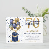 70e verjaardag marineblauwe ballon cake kaart (Staand voorkant)