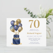 70e verjaardag marineblauwe ballon cake kaart (Staand voorkant)