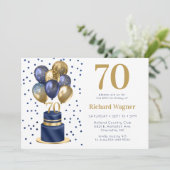 70e verjaardag marineblauwe ballon cake kaart (Staand voorkant)