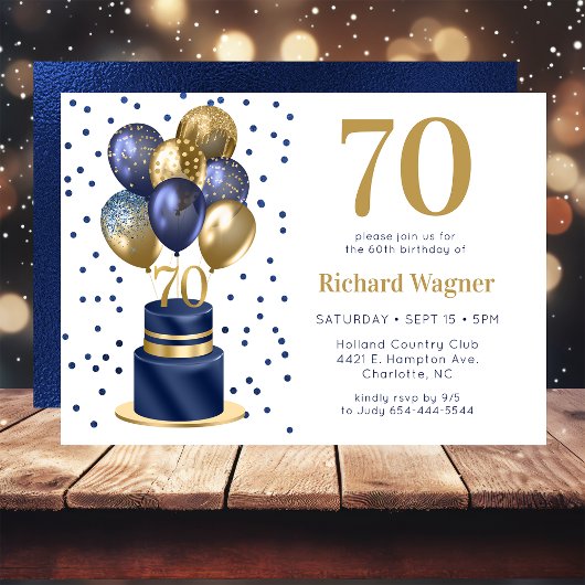 70e verjaardag marineblauwe ballon cake kaart