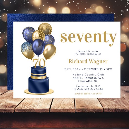 70e verjaardag marineblauwe ballon cake kaart