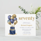 70e verjaardag marineblauwe ballon cake kaart (Staand voorkant)