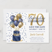 70e verjaardag marineblauwe ballon cake save the date (Voorkant)