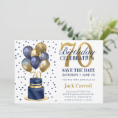 70e verjaardag marineblauwe ballon cake save the date (Staand voorkant)