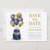 70e verjaardag marineblauwe ballon cake save the date (Voorkant)