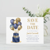70e verjaardag marineblauwe ballon cake save the date (Staand voorkant)