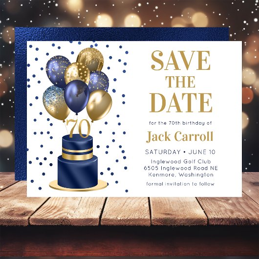 70e verjaardag marineblauwe ballon cake save the date