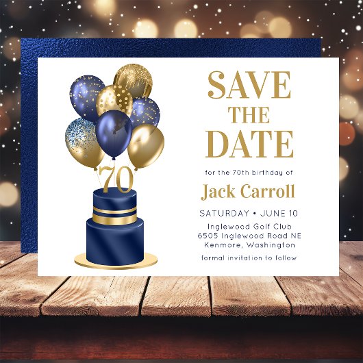 70e verjaardag marineblauwe ballon cake save the date