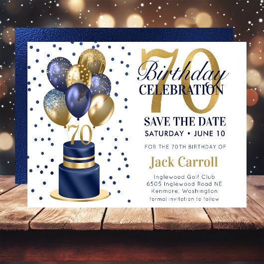 70e verjaardag marineblauwe ballon cake save the date