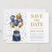 70e verjaardag marineblauwe ballon cake save the date (Voorkant)