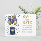 70e verjaardag marineblauwe ballon cake save the date (Staand voorkant)