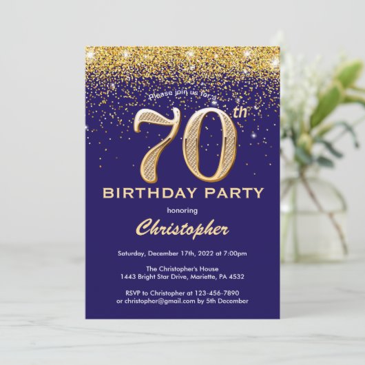 70e verjaardag marinenblauw en goudglitter Confett Kaart (Staand voorkant)