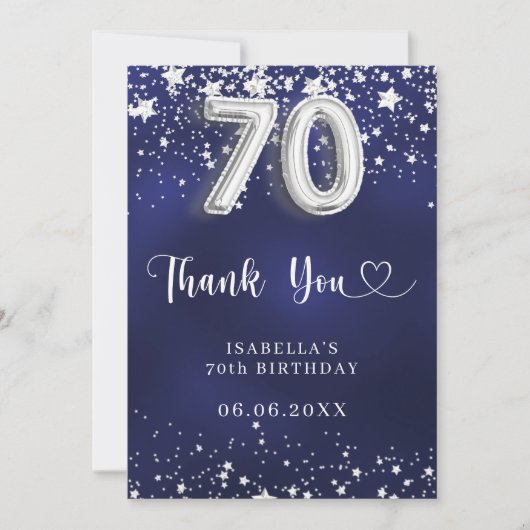70e verjaardag marinesblauwe zilversterren bedankkaart (Voorkant)