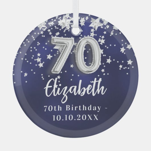 70e verjaardag marinesblauwe zilversterren glas ornament (Voorkant)