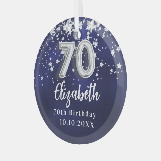 70e verjaardag marinesblauwe zilversterren glas ornament (Voorkant links)