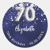 70e verjaardag marinesblauwe zilversterren ronde sticker (Voorkant)